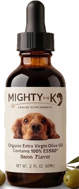 Mighty-K9 dropper bottle with a dog on the label